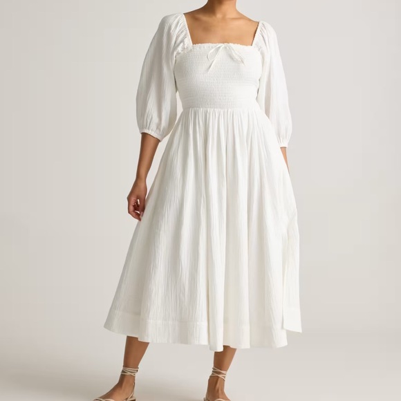 Quince 100% Organic Cotton Gauze Smocked Square Neck Midi Dress - Picture 1 of 6